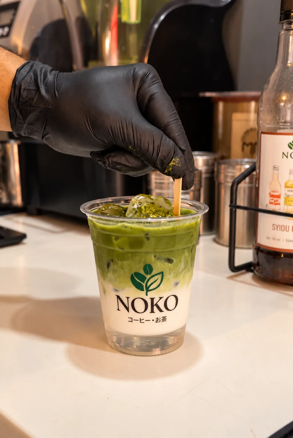 A barista finishing an iced matcha latte in a Noko cup